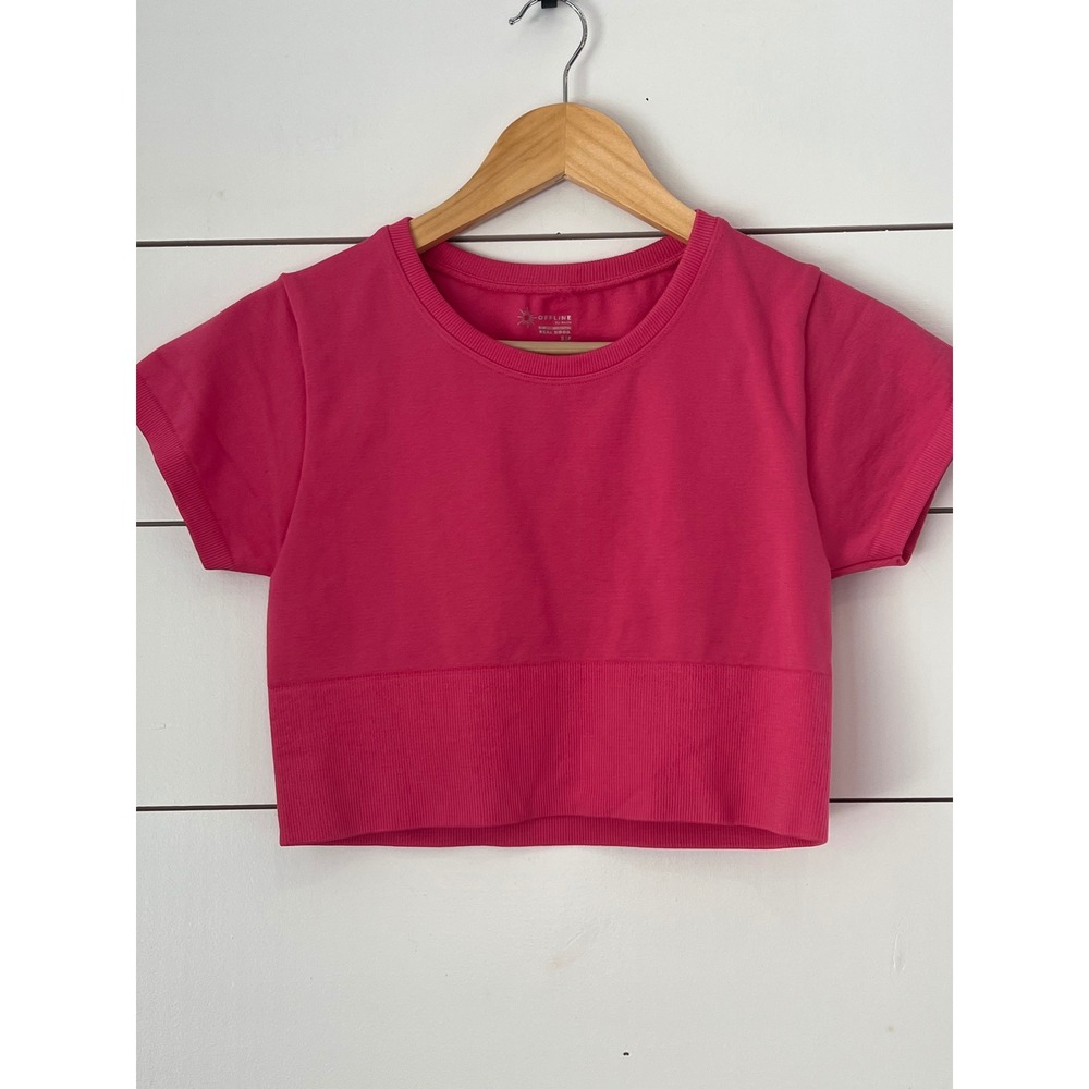 OFFLINE by Aerie Real Me Seamless Short Sleeve Crop Top Pink Small Pilatescore